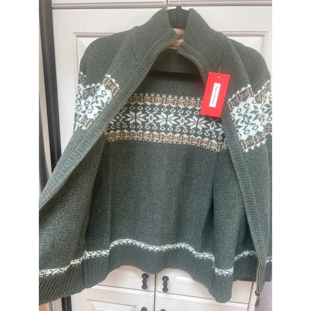 Mens Fair Isle Snowflake Zip Up Sweater Jacket Green‎ Tan White Size M Winter